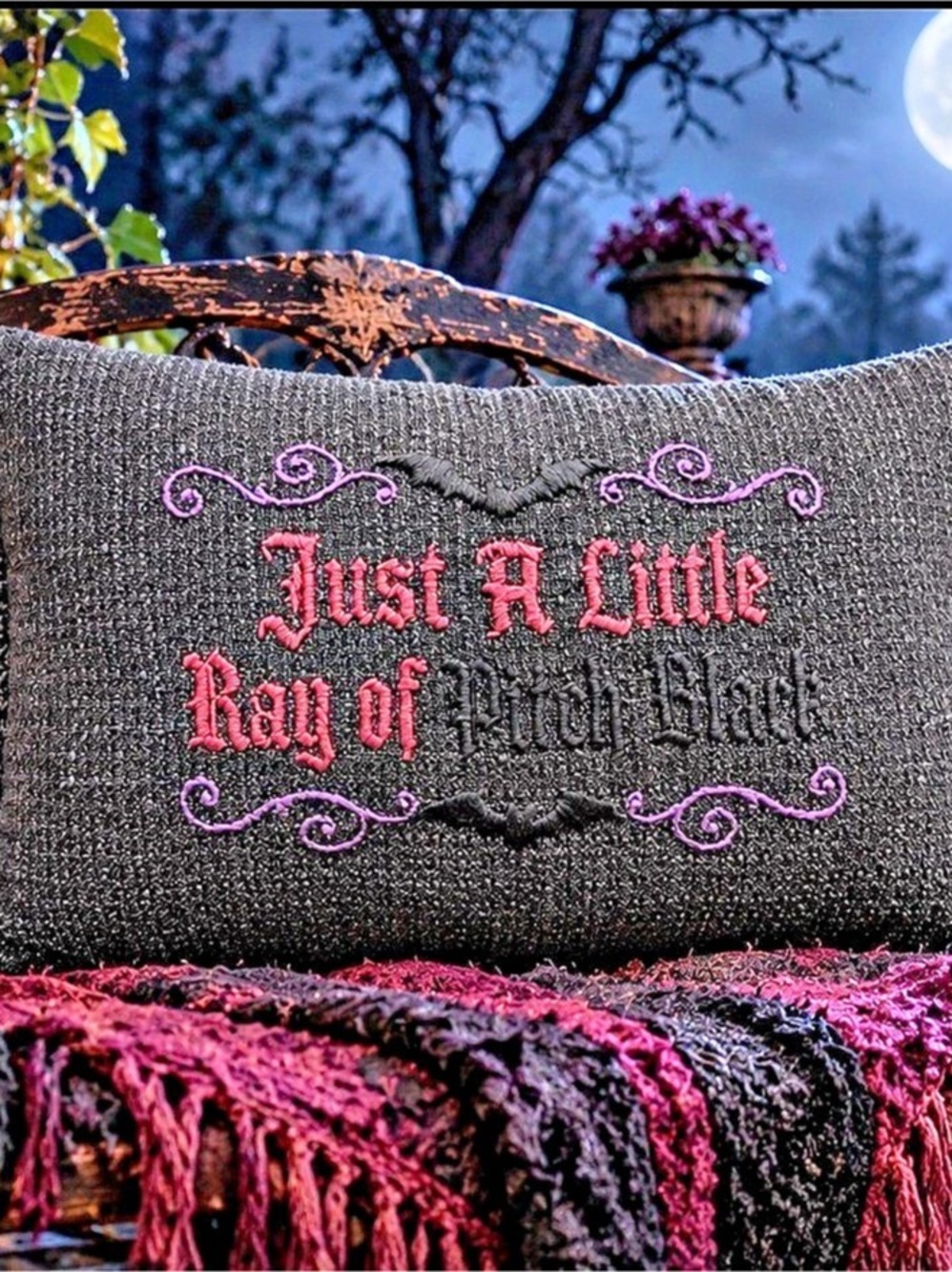 Hand Embroidered Just A Ray Of Pitch Black Accent Pillow